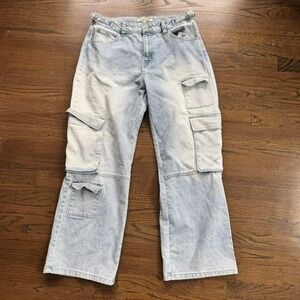 Love Cult Light Wash Wide Leg Cargo Jeans women Blue Utility Pants Cinch Waist L